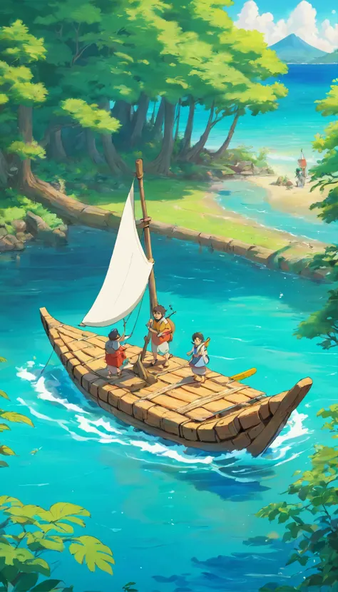 a small raft made of logs with a sail off the shore, fairy tale illustration, drawing, Colorful