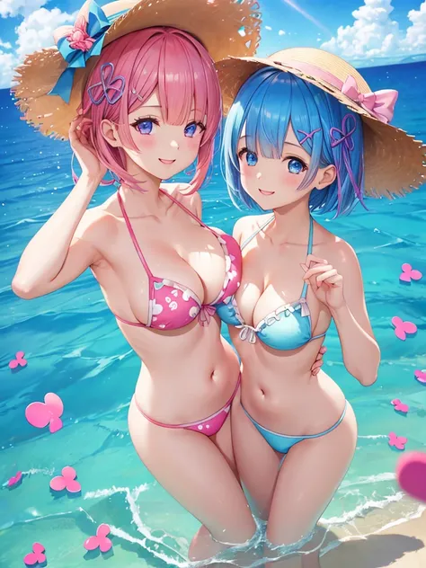 masterpiece, best quality, ultra detailed , Two girls putting their hands on their chests、Re:zero(Rem and Ram),short hair、bikini、big breasts、belly button、Blue and pink hair、straw hat、(Create a heart shape with a heart-shaped effect for viewers)、The backgro...