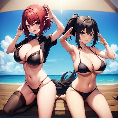 big breasts　Nintendo　Pokemon、spread your legs，short hair、black bikini、red hair、blue eyes、saluting、smile