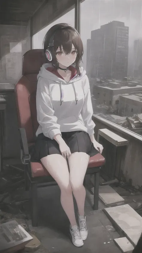 masterpiece, one girl, alone, incredibly absurd, hoodie, headphones, rain, neon,Future Soul Arts, Dirty woman sitting on chair in dilapidated house, wet and messy hair above the eyes,pleated skirt. vixip, Close-up scenery, hurt. hand drawn, cinematic light...