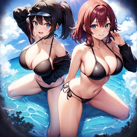 big breasts　Nintendo　Pokemon、spread your legs，short hair、black bikini、red hair、blue eyes、saluting、smile