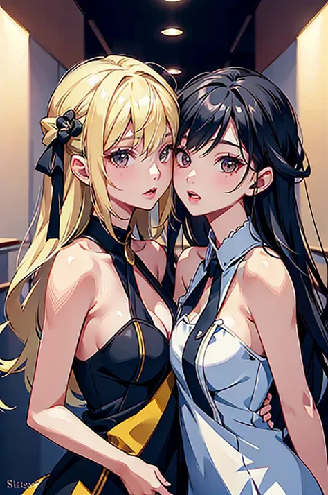 Two girls，Same stature，One black hair and one blonde，Hold each other，The two bodies are close together，Kiss，in class room