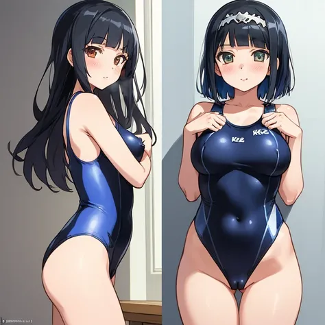 masterpiece,best quality,ultra detailed, best illustration, nsfw, 1girl, black_hair, KK-70, blue one-piece swimsuit, Dia_Genjitsu_no_Yohane