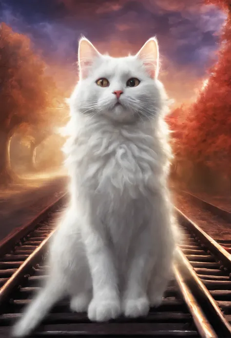 Angelic cat, heavenly cat, , Red-and-white cat angel with wings looks from the sky at the departing train, snowstorm, blizzard, heavenly express goes to heaven, choo choo, Beautiful digital images, Cute illustrations, Sakimi, Train, Andrey Gordeev, Rails, ...