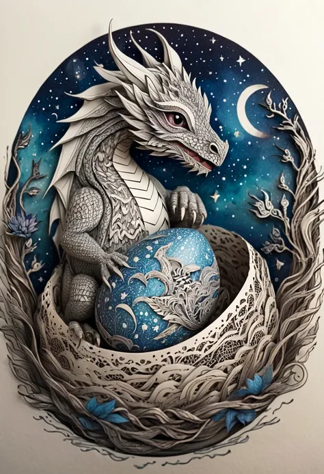 a mini baby dragon,zentangle,origami,cinematic,in a nest of Chinese dragons,an egg has just broken,its mother is proud, zentangle full of stars sky,