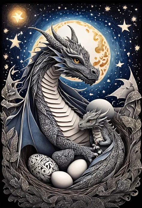 a mini baby dragon,zentangle,origami,cinematic,in a nest of chinese dragons,an egg has just broken,its mother is proud, zentangl...