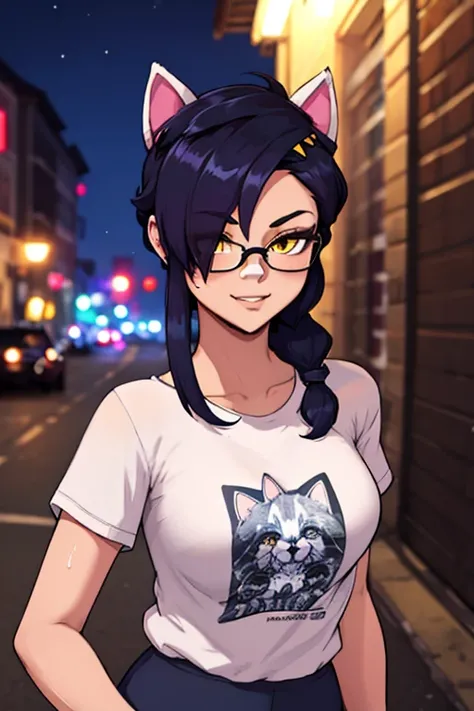 Erisa, 1girl, solo, long hair, looking at viewer, black hair, bandaid on face, yellow eyes, animal ears, smile, bandaid on nose, braid, cat ears, bandaid, bangs, breasts, fake animal ears, simple background, fang, bare shoulders, scar, teeth, shirt, tight ...