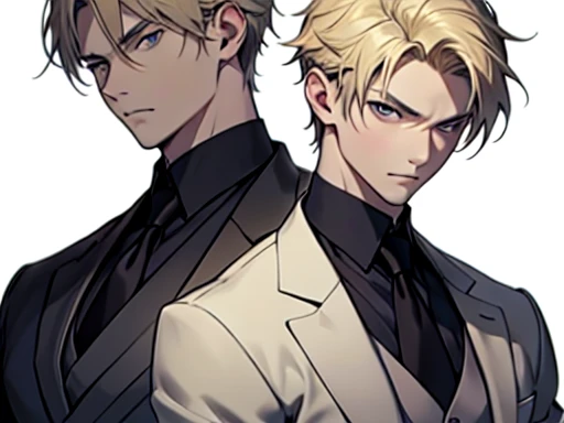 2 people, 2 shots, father and son, son is a 14 years old, blond hair, gray eyes, elegant, Serious mood, clear eyes