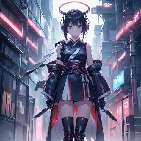 (((arm、knife、armを持つ))) (((Cyberworld))),cinematic light, (((Japanese style)))((1 Mechanical Girl)),alone, ,whole body,kimono、(mechanical joint:1.4),Expressionless,(headphones),small breasts,short hair,character focus,SF、flower hair ornament、knife、