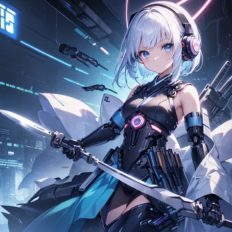 (((arm、knife、armを持つ))) (((Cyberworld))),cinematic light, (((Japanese style)))((1 Mechanical Girl)),alone, ,whole body,kimono、(mechanical joint:1.4),Expressionless,(headphones),small breasts,short hair,character focus,SF、flower hair ornament、knife、