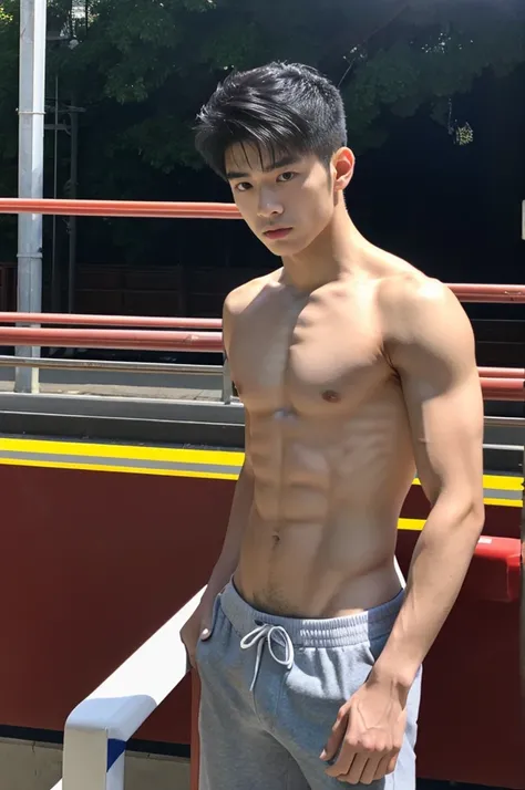 Ultra realistic photo of a young 19 year old Chinese man with defined chin and athletic body, extreme handsome man Douyin boy and badboy style handsome and elegant man and hectomopho, Photo of him shirtless Without violating the platforms policies and with...