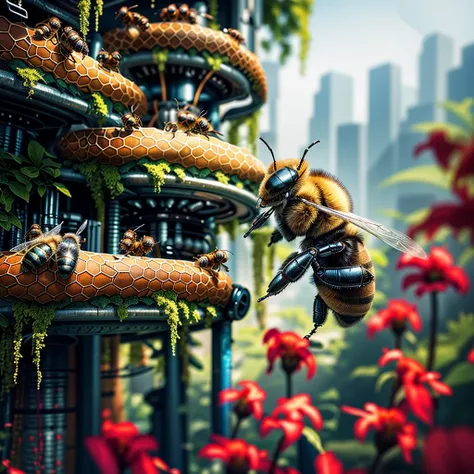 robotic bees gathering honey, futuristic beehive with combination of natural and mechanical elements, shot from far away, sci-fi fantasy