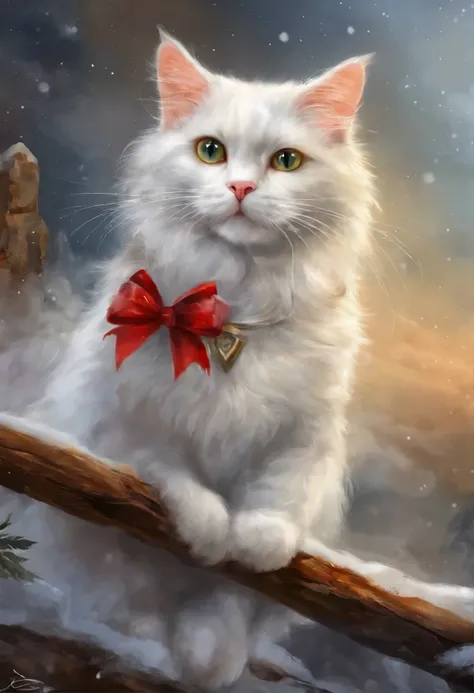 Angelic cat, heavenly cat, , Red-and-white cat angel with wings looks from the sky at the departing train, snowstorm, blizzard, heavenly express goes to heaven, choo choo, Beautiful digital images, Cute illustrations, Sakimi, Train, Andrey Gordeev, Rails, ...