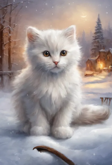 Angelic cat, heavenly cat, , Red-and-white cat angel with wings looks from the sky at the departing train, snowstorm, blizzard, heavenly express goes to heaven, choo choo, Beautiful digital images, Cute illustrations, Sakimi, Train, Andrey Gordeev, Rails, ...