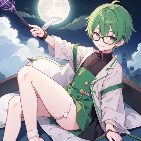 Shota boy,green hair,short hair,wearing a black circle glasses,two green antenna,purple eyes,cute,white skin,innocent,smiling,shy,night in shanghai,fullbody,in the night sky with clouds and moon,sleeping,holding a crescent-shaped magic staff,lying in the s...