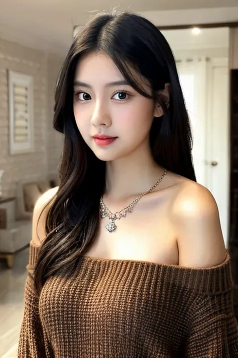 1girl in, age23, indonesian face, Solo, Long hair, Colossal tits, Looking at Viewer, blackhair, Bare shoulders, Brown eyes, jewely, Full body, a necklace,off shoulders, Sweaters, Realistic, A sexy