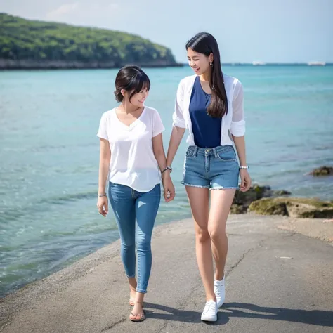 Thai girl wears short jeans and a tight-fitting white shirt. Take a walk by the sea