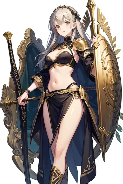 A female knight with a long sword and a large shield、17 years old、beautiful girl、Navel exposure、whole body