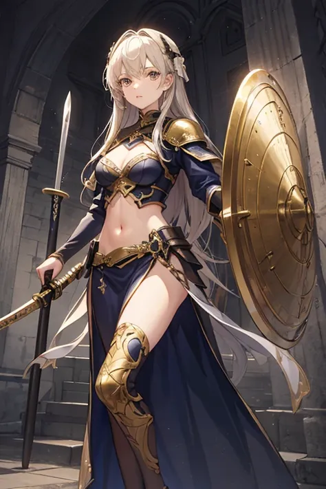 A female knight with a long sword and a large shield、17 years old、beautiful girl、Navel exposure、whole body