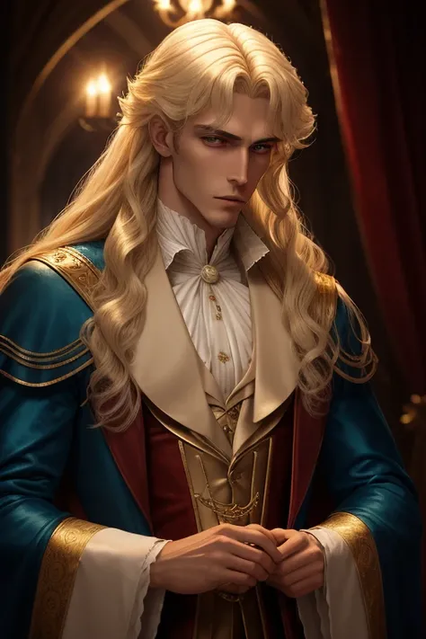 realista, Full HD, 4k, Vampire Marius from the book the vampire chronicles, has white blonde hair that rises to her shoulders and splits into small shiny curls, with iridescent blue eyes with golden eyelashes. He is quite tall and splendid, de se olhar. Na...