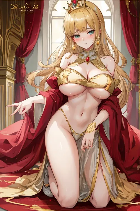 A woman with big ，Gorgeous young princess，victorian style，clavicle，Prominent and smooth underboob，golden saint，exquisite，pubic，Drawing room，kneeling，shed tears，Fear，