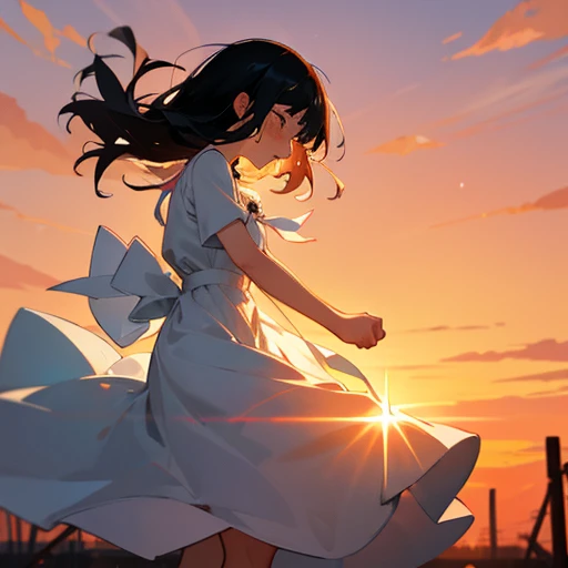 Black haired girl with white dress letting go on sunset while crying tears