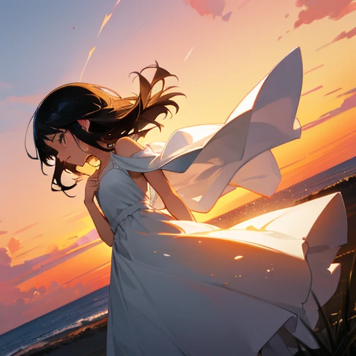 Black haired girl with white dress letting go on sunset while crying tears