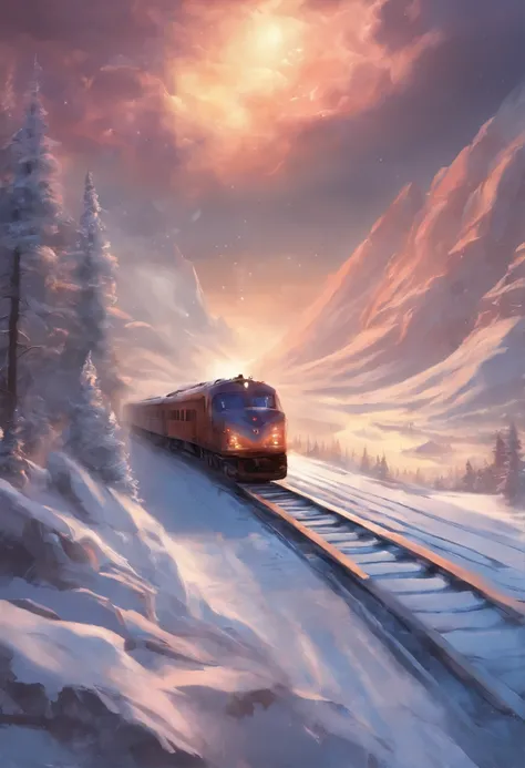 Train rushing into the snowy distance