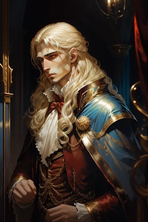 realista, Full HD, 4k, Vampire Marius from the book the vampire chronicles, has white blonde hair that rises to her shoulders and splits into small shiny curls, with iridescent blue eyes with golden eyelashes. He is quite tall and splendid, de se olhar. Na...