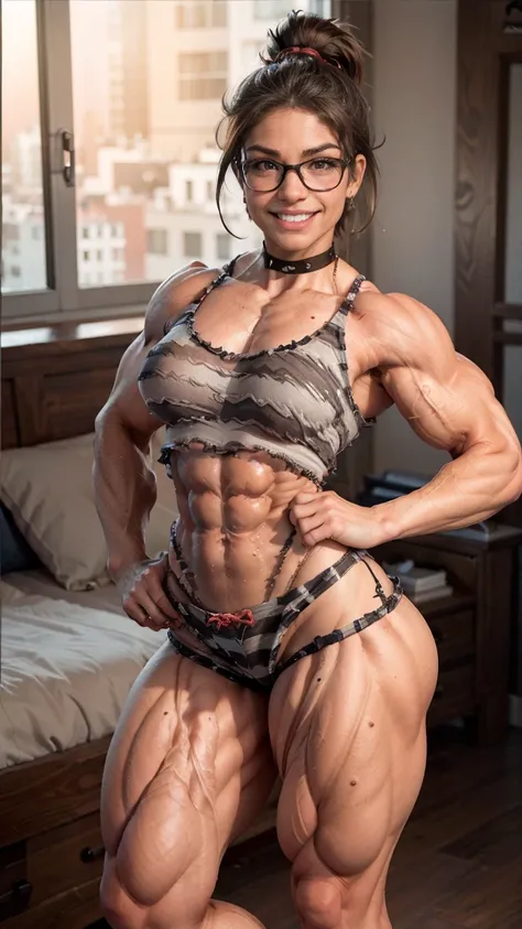 (Muscular:1.4), latina female, shoulder length hair, (wearing glasses), earings, eyeshadow, lipstick, bokeh, (freckles:0.9), eight pack abs, upper body view, (ripped striations:1.5), (thick muscular legs, wide hips:1.8), (thin muscular arms:1.0), (long pro...