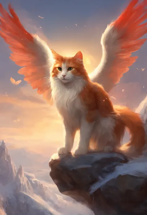 An angel holds a red and white cat on his arm, на железнодорожных путях сидит рыжий с белым cat with крыльями, Electric cats, flying on ice, with real wings, majestic wings, Warrior cats fan art, Alexander Kucharsky, stunning red and white cat, Outstretche...