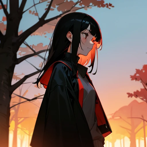 Medium black haired girl with side bangs wearing a red long neck sweater while crying at the sunset with trees