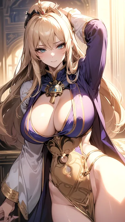 ((masterpiece, best quality, extremely detailed, absurdres)), ((high resolution)) ,((8k)), a beautiful woman, ((She is one of the most female high Priestess.)), unparalleled beauty, ((large breasts:1.6)), ((large ass:1.2)), ((deep cleavage:1.3)), slim wais...