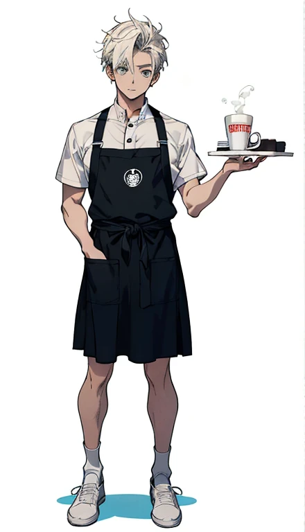 食べ物の入ったトレイを持つ猫の耳のboy, ( waitress )boy, wearing an apron, Wearing RR Diner Uniform, short full body portrait!, apron, Full body illustration, anime Full body illustration, white apron, starbucks aprons and visors, official character illustration, official a...