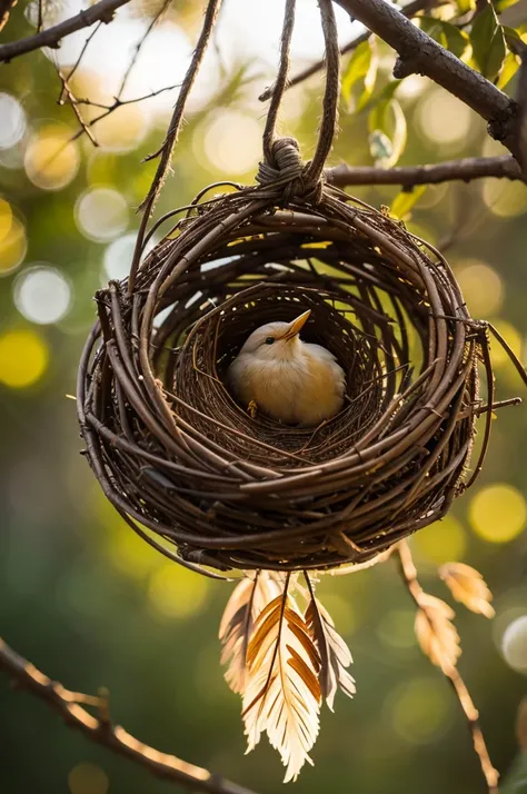 A birds nest in a tree, detailed feathers, delicate twigs, warm and cozy atmosphere, intricate weaving patterns, vibrant colors, natures masterpiece:1.2, realistic lighting, highres rendering, bokeh, HDR, fine art photography