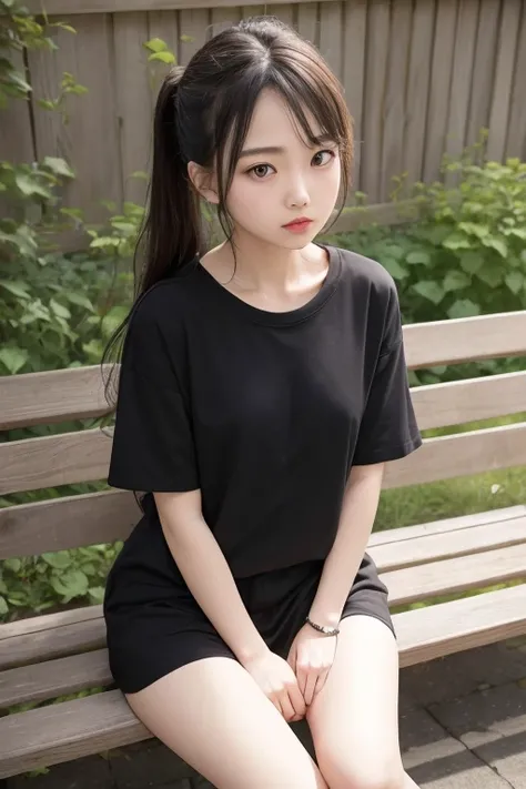 One cute girl、sitting on the bench。BlackＴwearing a shirt