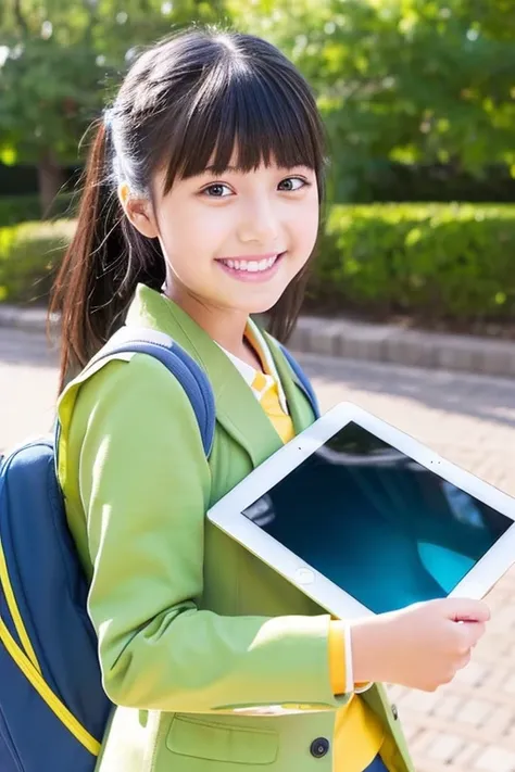 ((holding an iPad in one hand))、primary school student,I use it for studying in class and at school.,Japanese,smile,girl,anime illustration