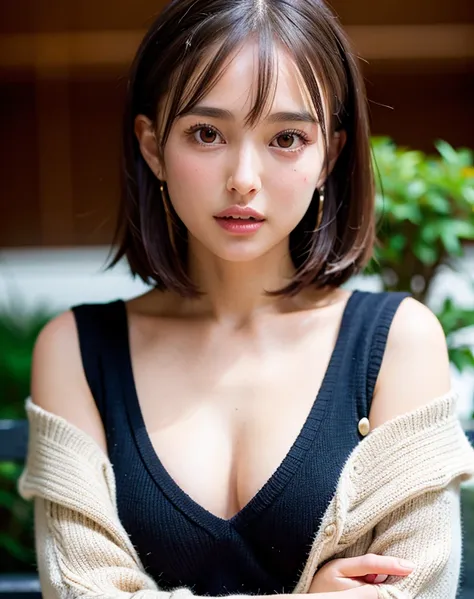 highest quality, face focus, ultra high resolution, (realistic:1.4), RAW photo, japanese girl, alone, cute, black eyes,Eye Catch, detailed beautiful face, The skin texture is pure, bob hair,black hair,Splash outside, indoor, white knit dress、Body lines are...