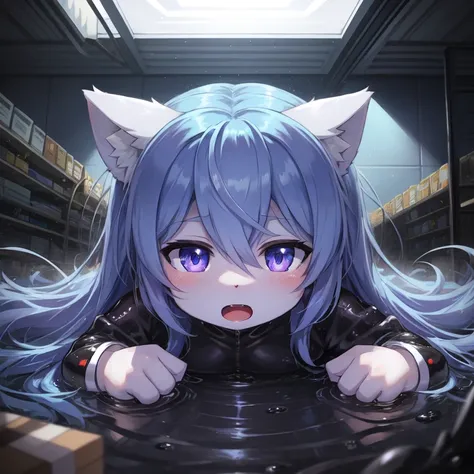 alone, Detailed hair, young，blue hair，open mouth，Purple pupils，One-piece swimsuit with barcode,Firmware version, furry anime, Bragon, very cute face, Blushed, young, Detailed background, Detailed fanart, pixiv, number, masterpiece, high quality, high resol...