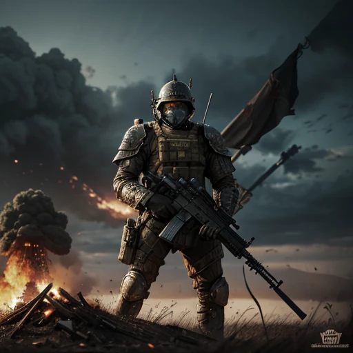 Future Battlefield, Nuclear War, Gunsmoke fills, A Indonesian flag was planted on a small mound, mushroom nuke explosion, apocalypse city of jakarta, A soldier wearing javanese armor, full armour, The background is the army of the SA, The picture is stunni...