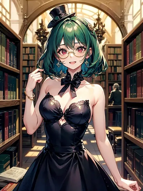 （（（masterpiece、Highest image quality、highest quality、highly detailed unity 8ｋwallpaper）））、（（Illustration of one girl、upper body））、（（（beautiful girl）））、（librarian）、（Emerald green hair、messy hair、sidelocks：1.2、red eyes、crazy smile）、（（（flat chest）））、（（（monocl...