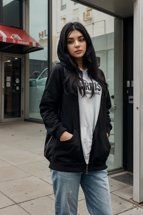 Make a pretty face persian girl with black straight hair in a hoodie not wearing the hood and standing infront of a hotle building with her hands in her pockets and her head leaned to the left