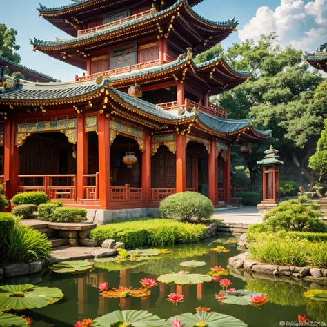 Taoist temple scene with beautifully detailed architecture, intricate carvings, and lush gardens, peaceful atmosphere, serenity, tranquil meditation, statues of deities, incense smoke, Taoist disciples in traditional robes, performing ancient rituals, drag...