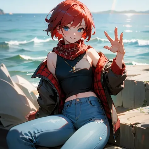 (Masterpiece: 1.5, best quality, high resolution: 1.3, super resolution, super detailed, ultra detailed: 1.3, rich background: 1.2, 1 woman)) light blue eyes + red hair + very short hair + female body + big chest + medium hips + thick thighs (short tank to...