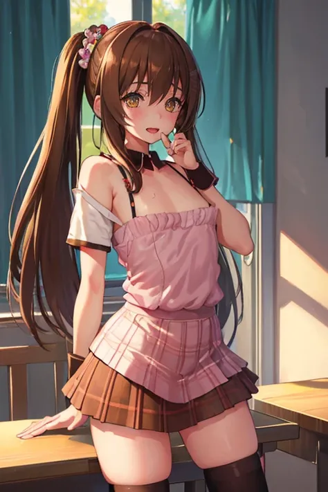 NSFW,((1 male and 1 female,have sex)),Lying,show off your nipples,yuuki mikan, (brown eyes:1.7), brown hair, hair ornaments, ヘアScrunchie, long hair, ピンクのScrunchie, Scrunchie, (flat chest:1.2), Break Green skirt, Plaid, Plaidのskirt, Southwest College Unifor...