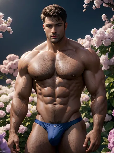 8K，8K resolution，2 muscular Europeans, handsome guy，charming eyes，Blue eyes，dark skin,Fine, smooth and shiny，Full chest muscles，Dense body hair，naked， (thong)，big bag，highlight，Stand among the flowers，best quality，professional lighting，Professional photogr...