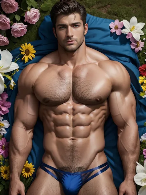 8K，8K resolution，2 muscular Europeans, handsome guy，charming eyes，Blue eyes，dark skin,Fine, smooth and shiny，Full chest muscles，Dense body hair，naked， (thong)，big bag，highlight，Lying on my back among the flowers，best quality，professional lighting，Professio...