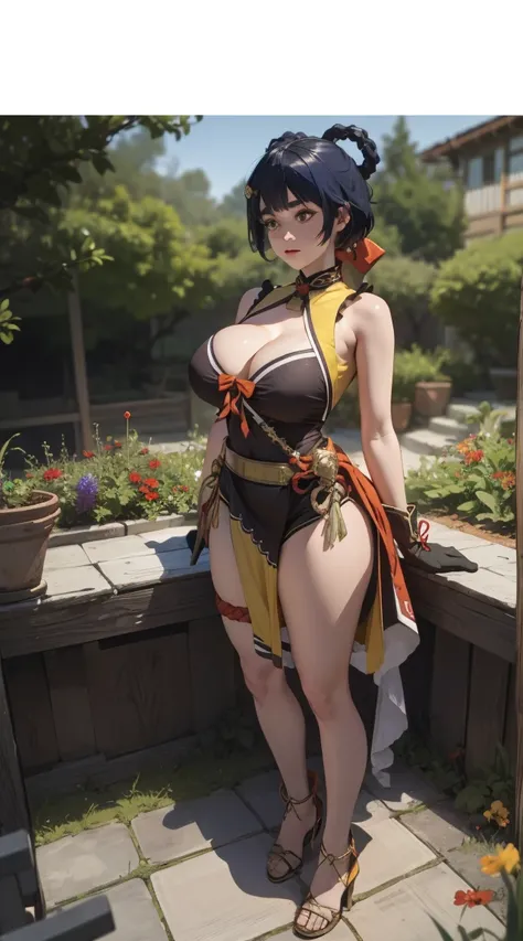 xiangling (genshin impact),1girl,blue hair, short hair, thick eyebrows, hairclip, hair rings, braid, yellow eyes, (Beautiful,Huge_Breasts:1.5),
BREAK
, 1girl, solo, Standing in the garden, full body, full figure,
BREAK
, Garden,
BREAK
, bow,glove, chinese ...