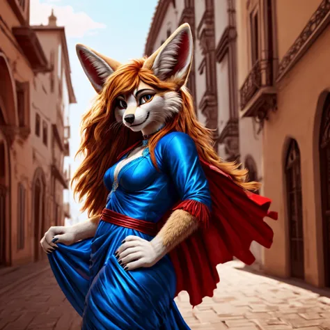 fennec, female, profile, smile, flamenco, dancer, street, spain, spanish, fluffy, furry, tail, photorealistic, masterpiece, ador...