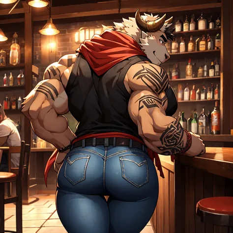 Sexy and muscular bull man alone reloading from the bar, from behind showing her butt with tight jeans, sin playera y con tatuajes que abarquen toda la espalda, 